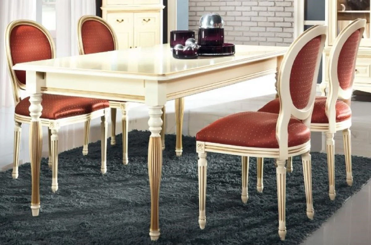 Luxus Barock Esszimmer Set Creme / Gold / Orange - Ausziehbarer Küchentisch mit 6 Esszimmerstühlen - Esszimmermöbel im Barockstil