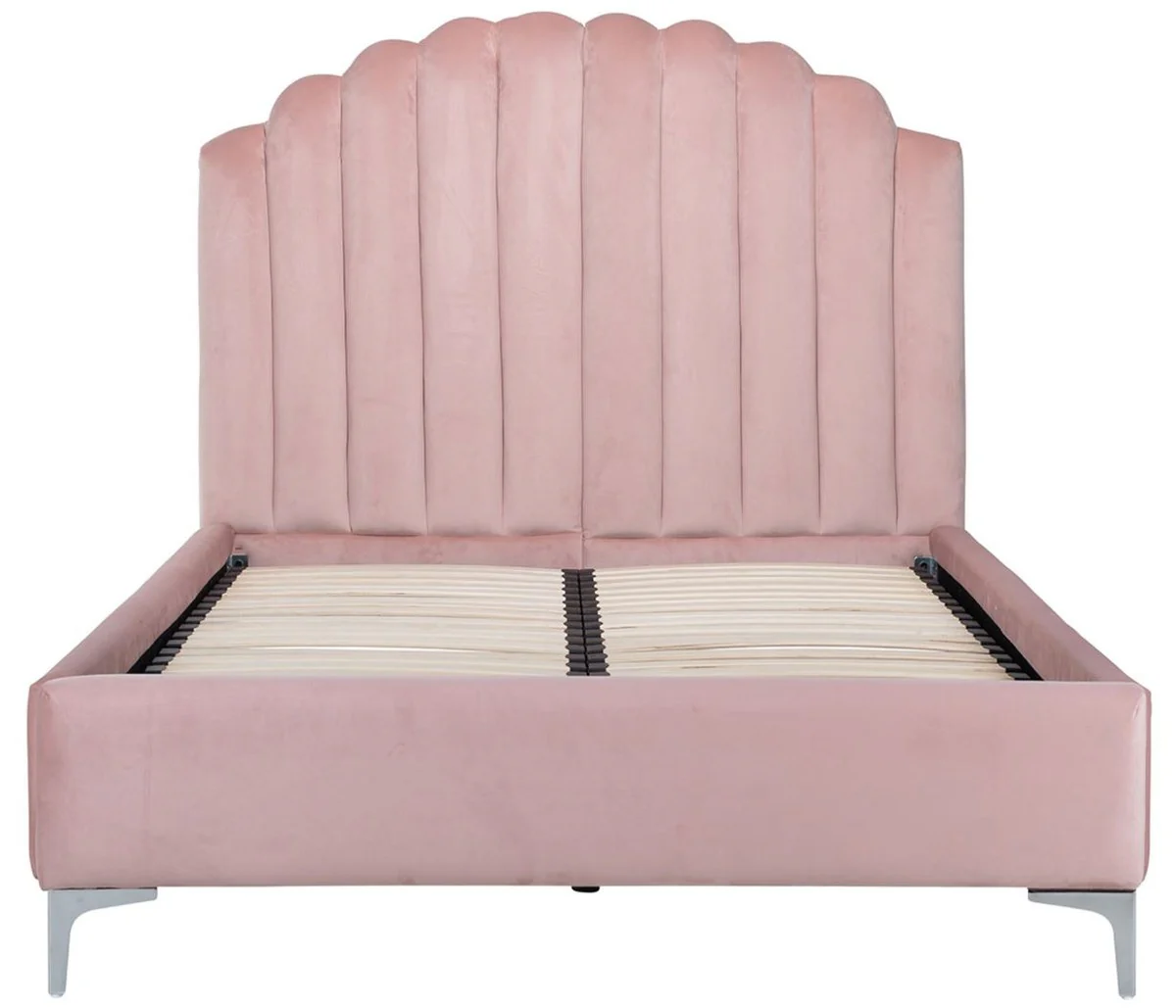 Luxus Art Deco Doppelbett Rosa / Silber 136 x 215 x H. 131 cm - Massivholz Bett mit edlem Samtstoff - Luxus Schlafzimmer Möbel - Hotel Möbel - Art Deco Möbel