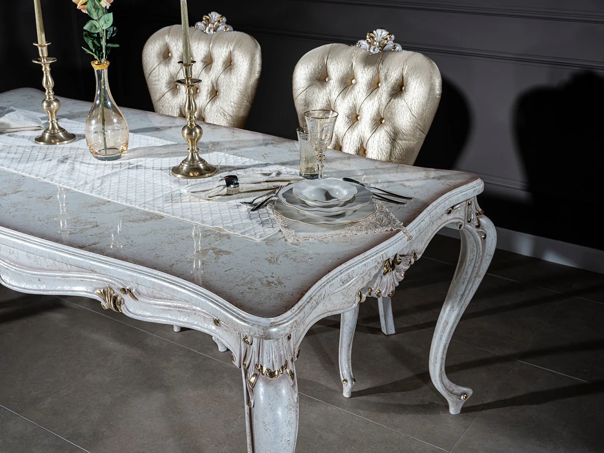 Luxus Barock Esszimmer Stuhl Set Gold / Antik Weiß / Gold 57 x 65 x H. 113 cm - Küchen Stühle 6er Set - Barock Esszimmer Möbel - Edel & Prunkvoll