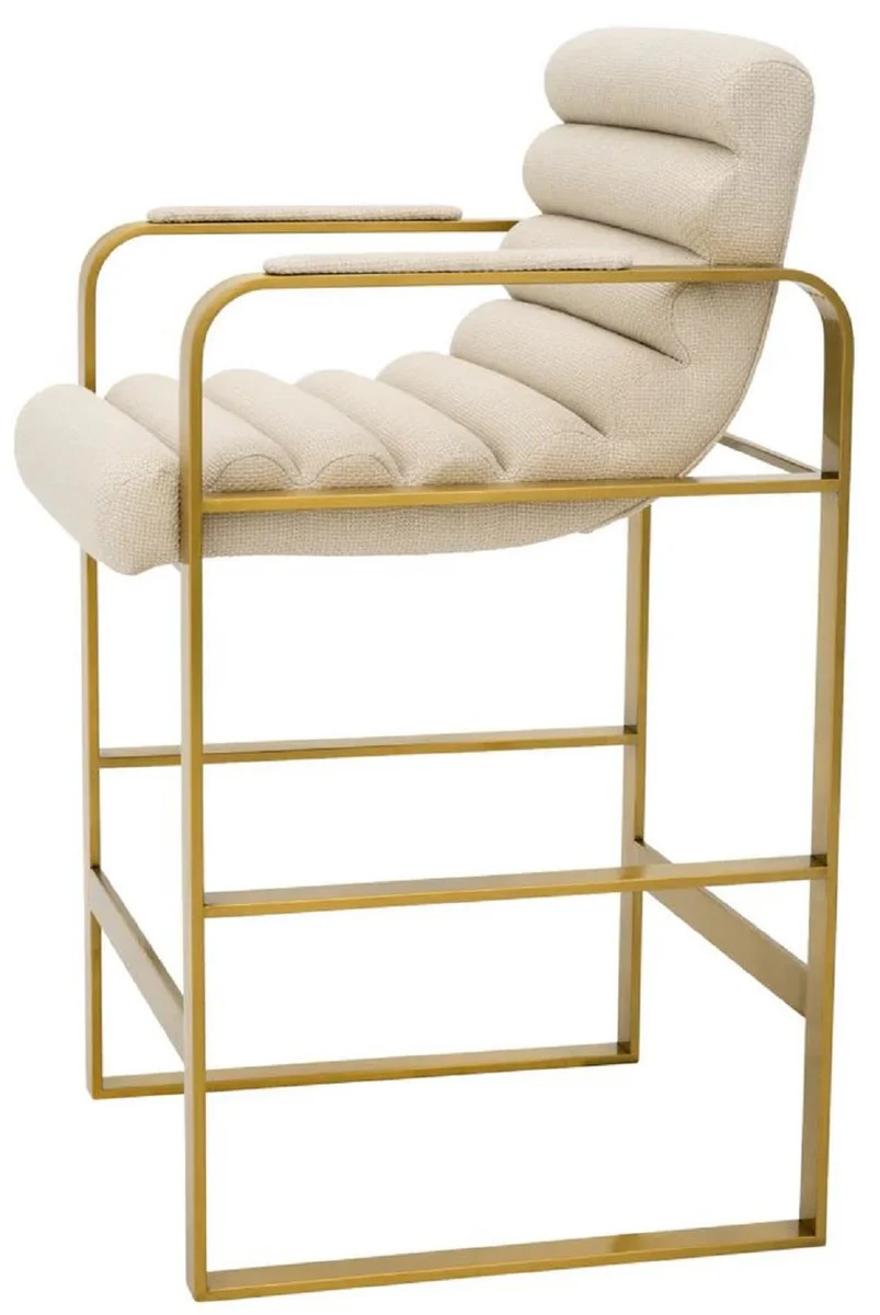 Luxus Barstuhl mit Armlehnen Sandfarben / Messing 53,5 x 57 x H. 96,5 cm - Gepolsterter Edelstahl Barhocker - Bar Möbel - Luxus Möbel - Luxus Qualität