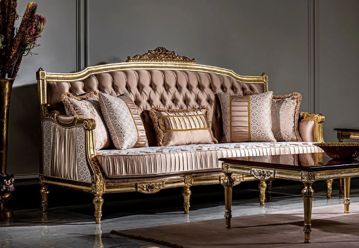 Luxus Barock Sofa Rosa / Weiß / Gold - Handgefertigtes Wohnzimmer Sofa mit dekorativen Kissen - Barock Möbel
