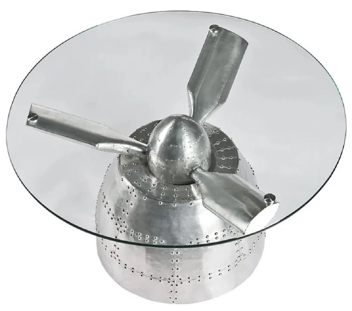 Luxus Couchtisch Flugzeug Propeller Silber Ø 90 x H. 51 cm - Runder Aluminium Wohnzimmertisch mit Glasplatte - Aluminium Flugzeug Flieger Möbel - Wohnzimmer Möbel - Luxus Möbel