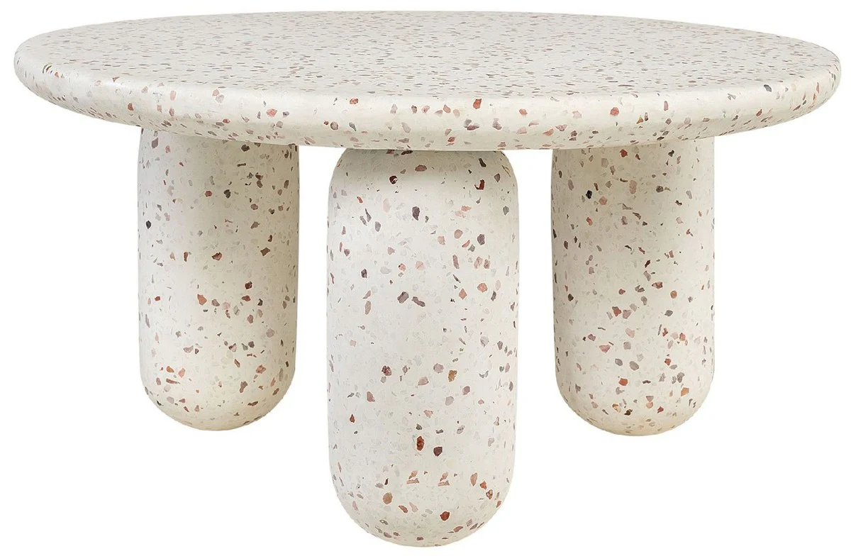 Luxus Couchtisch Weiß Ø 80 x H. 40 cm - Runder Terrazzo Naturstein Wohnzimmertisch - Wohnzimmer Möbel - Naturstein Möbel - Luxus Möbel - Luxus Einrichtung