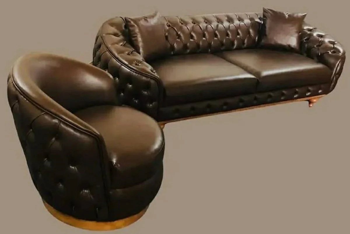 Luxus Chesterfield Kunstleder Sofa Dunkelbraun / Naturfarben - Wohnzimmer Sofa - Wohnzimmer Möbel - Luxus Möbel - Wohnzimmer Einrichtung - Luxus Einrichtung - Möbel Luxus