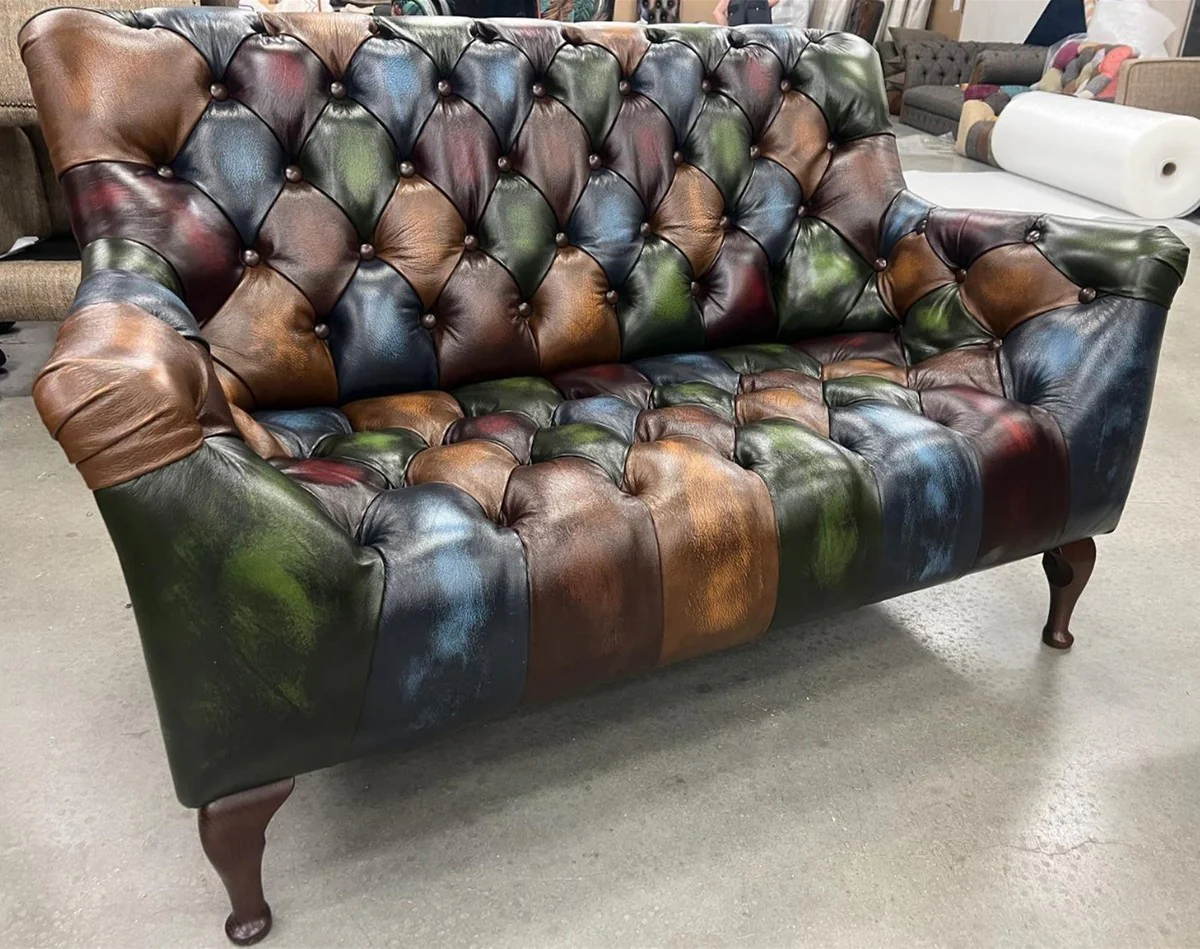 Luxus Chesterfield Echtleder Patchwork Sofa Bunt / Dunkelbraun 144 cm