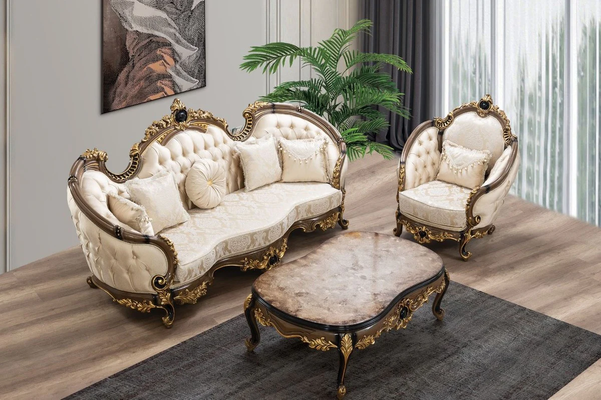 Luxus Barock Sofa Gold / Braun / Schwarz / Gold - Prunkvolles Wohnzimmer Sofa mit elegantem Muster - Barock Wohnzimmer & Hotel Möbel - Edel & Prunkvoll