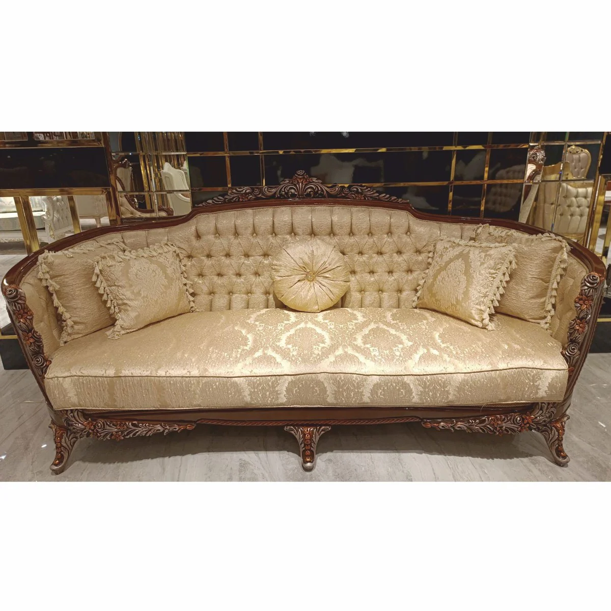 Luxus Barock Wohnzimmer Sofa Gold / Dunkelbraun / Grau / Bronze 245 cm - Barock Möbel