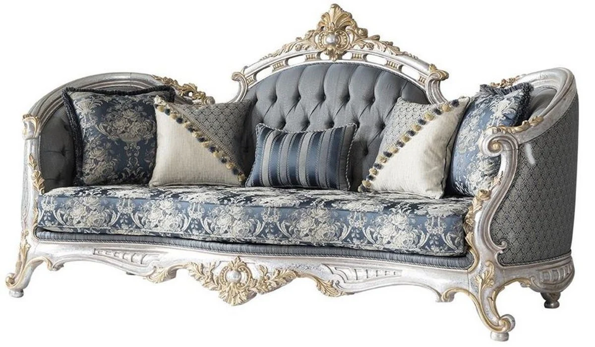 Luxus Barock Wohnzimmer Set Grau / Blau / Silber / Gold - 2 Sofas & 2 Sessel & 1 Couchtisch - Prunkvolle Wohnzimmer Möbel im Barockstil