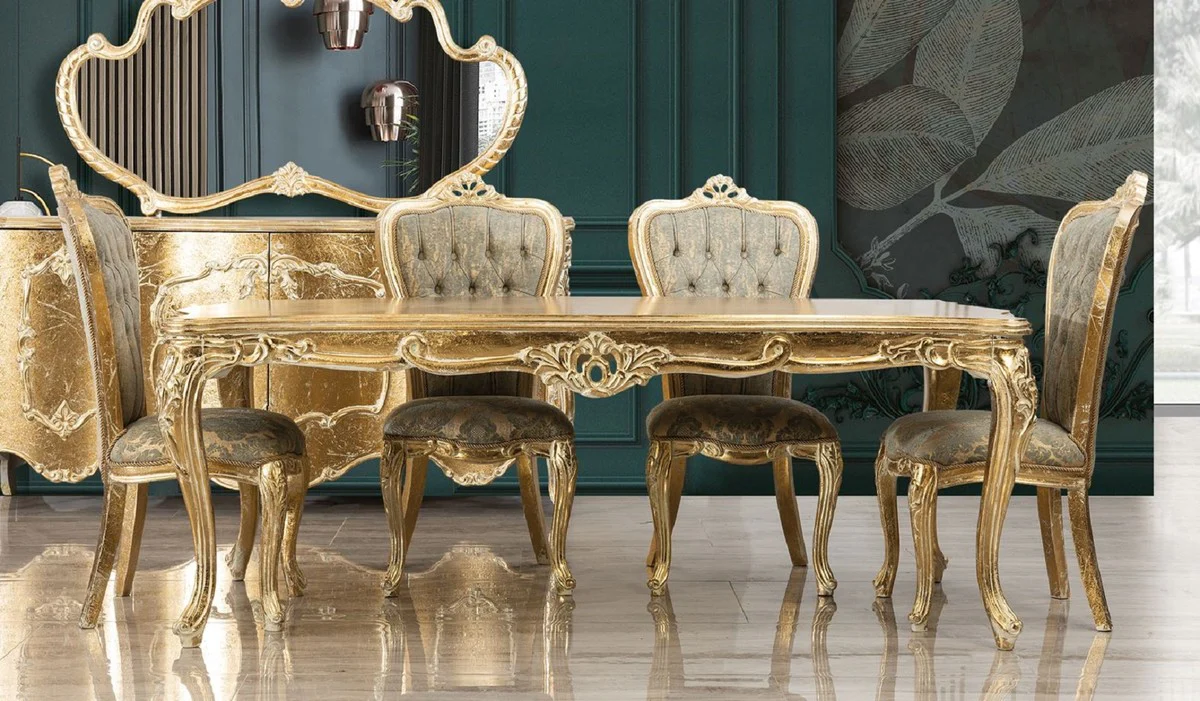 Luxus Barock Esszimmer Set Grün / Antik Gold - 1 Barock Esstisch & 6 Barock Esszimmerstühle - Luxus Esszimmer Möbel im Barockstil - Prunkvolle Barock Esszimmer Möbel