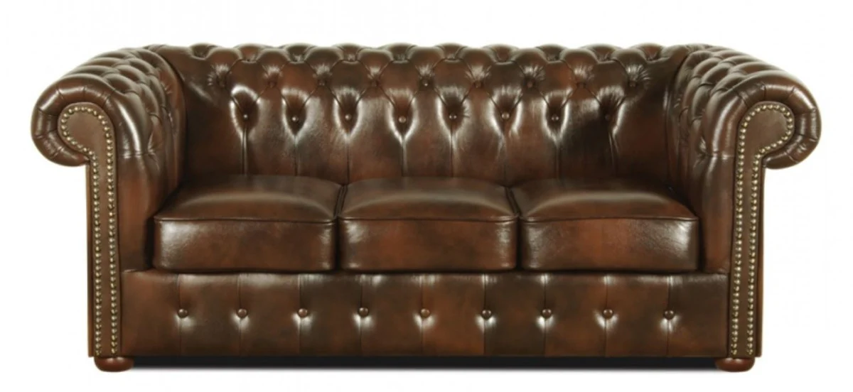 Chesterfield Wohnzimmer 3er Set Dunkelbraun - Luxus Echtleder Möbel