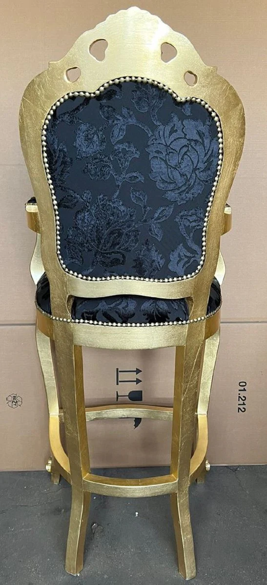 Luxus Barock Barstuhl mit Armlehnen Schwarz Muster / Gold - Barockstil Barhocker - Luxus Bar Möbel im Barockstil - Luxus Qualität - Made in Italy