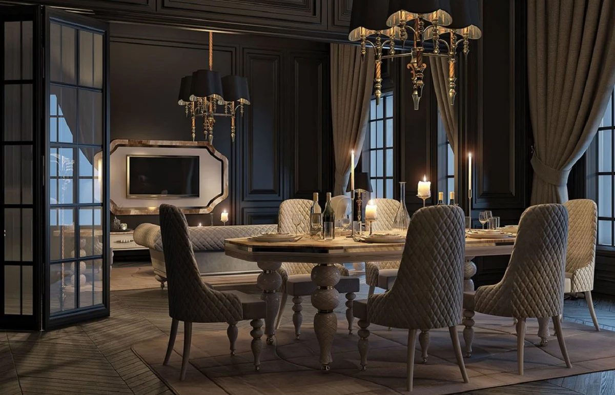 Luxus Art Deco Esszimmer Set Grau / Weiß / Gold - 1 Art Deco Esstisch mit Kunstmarmor Tischplatte & 6 Art Deco Esszimmerstühle - Art Deco Esszimmer Möbel - Luxus Qualität