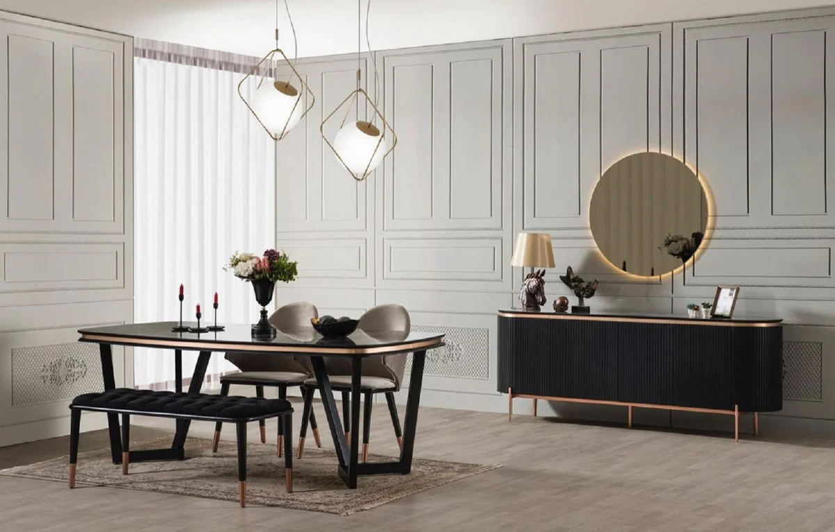 Luxus Esszimmer Set Grau / Schwarz / Kupfer - 1 Ausziehbarer Luxus Esszimmertisch & 6 Luxus Esszimmerstühle mit Armlehnen - Esszimmer Möbel - Restaurant Möbel - Luxus Möbel