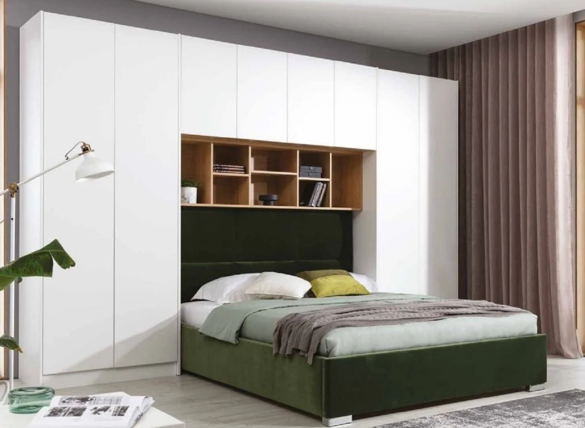 Luxus Schlafzimmer Möbel Set Matt Weiß / Naturfarben / Grün / Silber - Doppelbett mit Schlafzimmerschrank - Hotel Möbel - Schlafzimmer Möbel - Luxus Möbel - Luxus Einrichtung