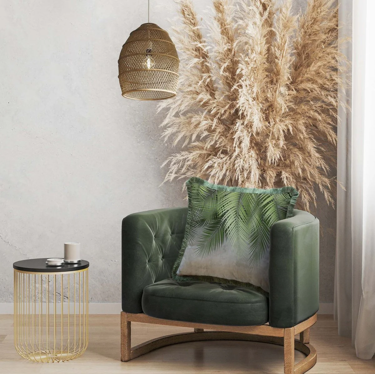 Luxus Deko Kissen Palmenblätter Grau / Grün 45 x 45 cm - Bedrucktes Samt Kissen mit Fransen - Luxus Deko Accessoires