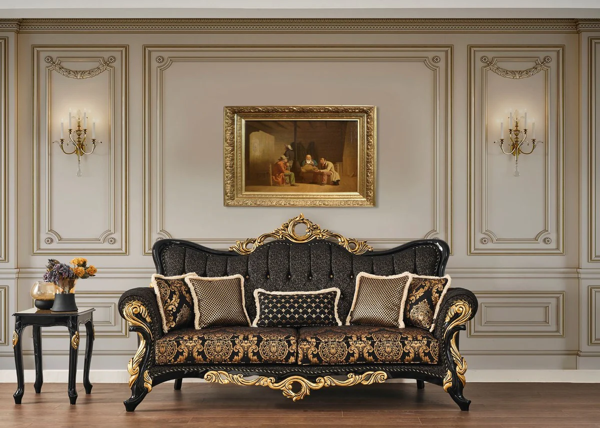 Luxus Barock Wohnzimmer Set Braun / Schwarz / Gold - 2 Sofas & 2 Sessel & 1 Couchtisch & 2 Beistelltische - Wohnzimmer Möbel im Barockstil - Edel & Prunkvoll