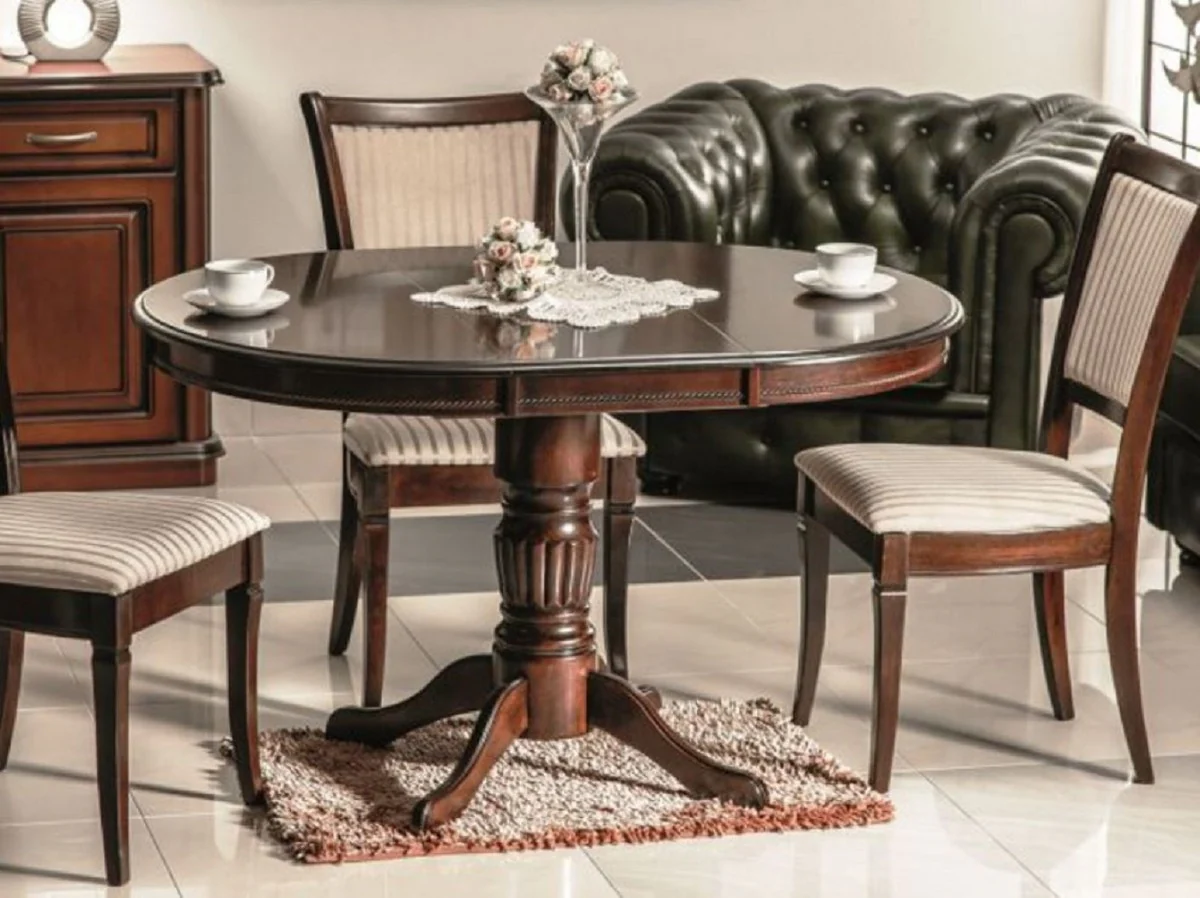 Jugendstil Esstisch Dunkelbraun 90-125 x 90 x H. 75 cm - Runder ausziehbarer Massivholz Küchentisch - Esszimmer Möbel