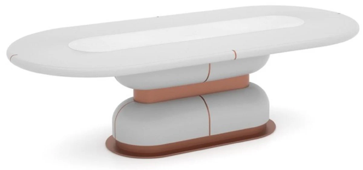 Luxus Esstisch Weiß / Kupfer 260 x 120 x H. 75 cm - Ovaler Massivholz Küchentisch - Massivholz Möbel - Esszimmer Möbel - Luxus Möbel - Luxus Einrichtung