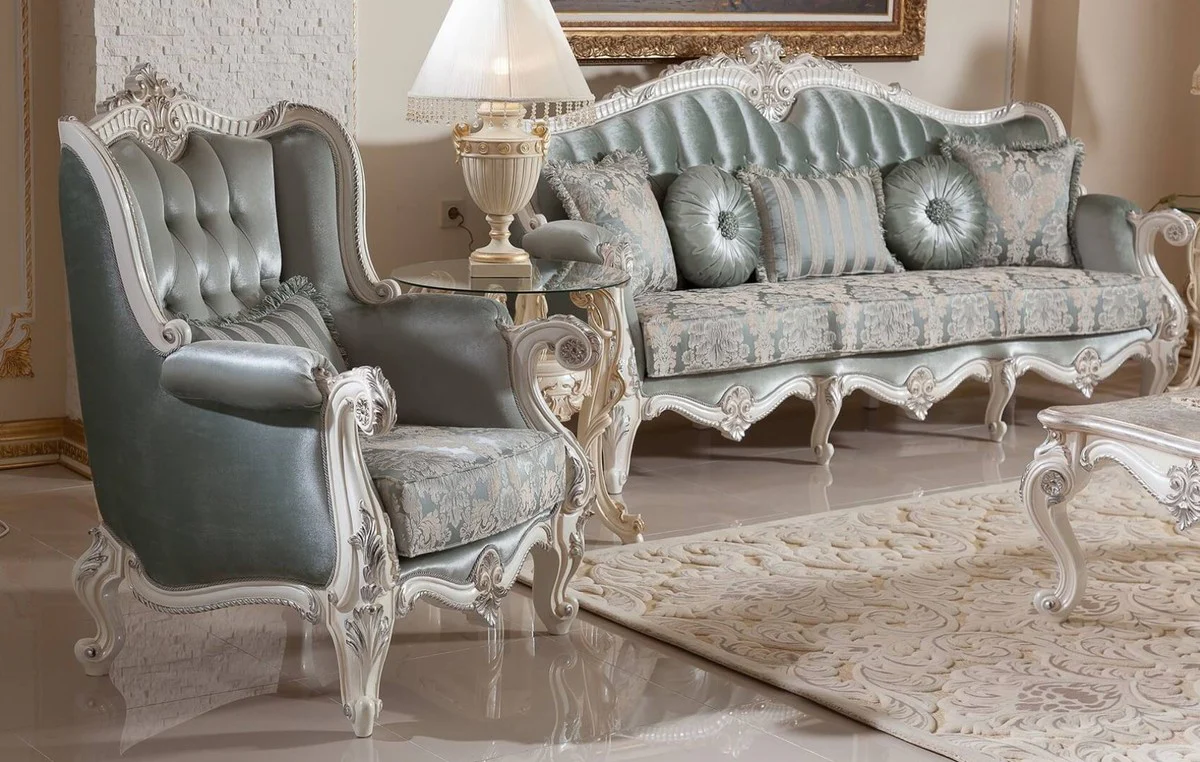 Luxus Barock Sofa Grün / Beige / Weiß / Silber - Prunkvolles Wohnzimmer Sofa mit elegantem Muster - Barock Möbel - Luxus Wohnzimmer Möbel im Barockstil - Edel & Prunkvoll
