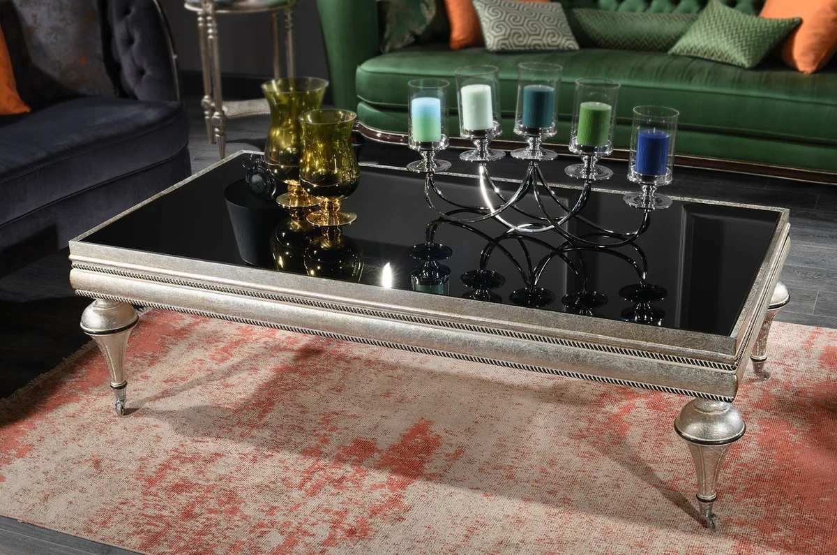 Luxus Barock Couchtisch Schwarz / Silber - Prunkvoller Massivholz Wohnzimmertisch mit Glasplatte - Barock Wohnzimmer Möbel