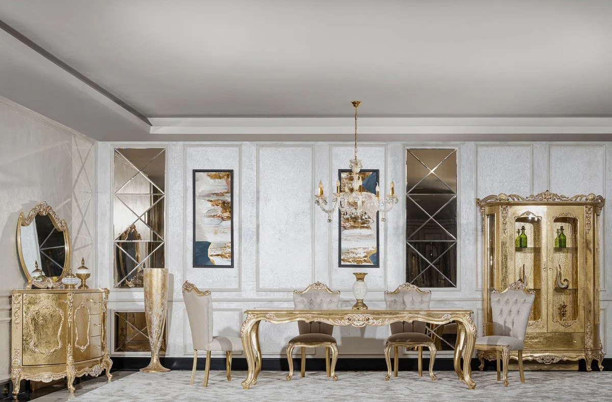 Luxus Barock Vitrine Gold - Handgefertigter Massivholz Vitrinenschrank mit 2 Glastüren und Schublade - Luxus Möbel im Barockstil - Barock Möbel - Edel & Prunkvoll