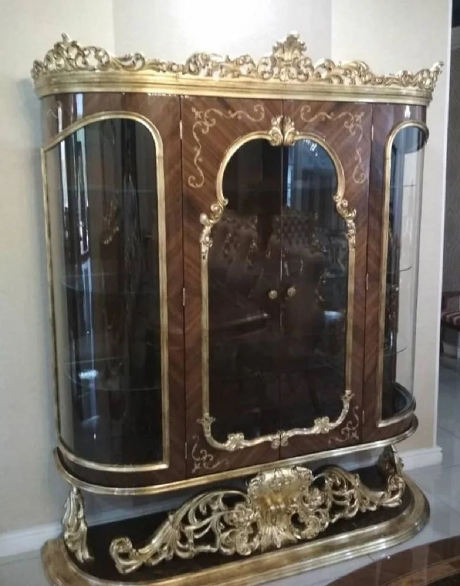 Luxus Barock Vitrine Braun / Antik Gold - Prunkvoller Massivholz Vitrinenschrank mit 2 Türen - Handgefertigte Barock Möbel