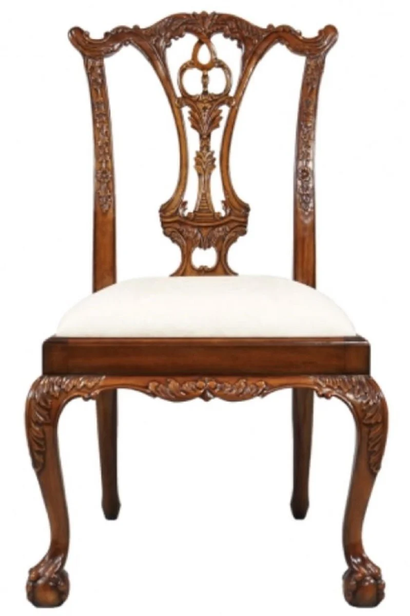 Luxus Barock Esszimmerstuhl Weiß / Braun - Gepolsterter Massivholz Stuhl im Barockstil - Barock Esszimmer Möbel