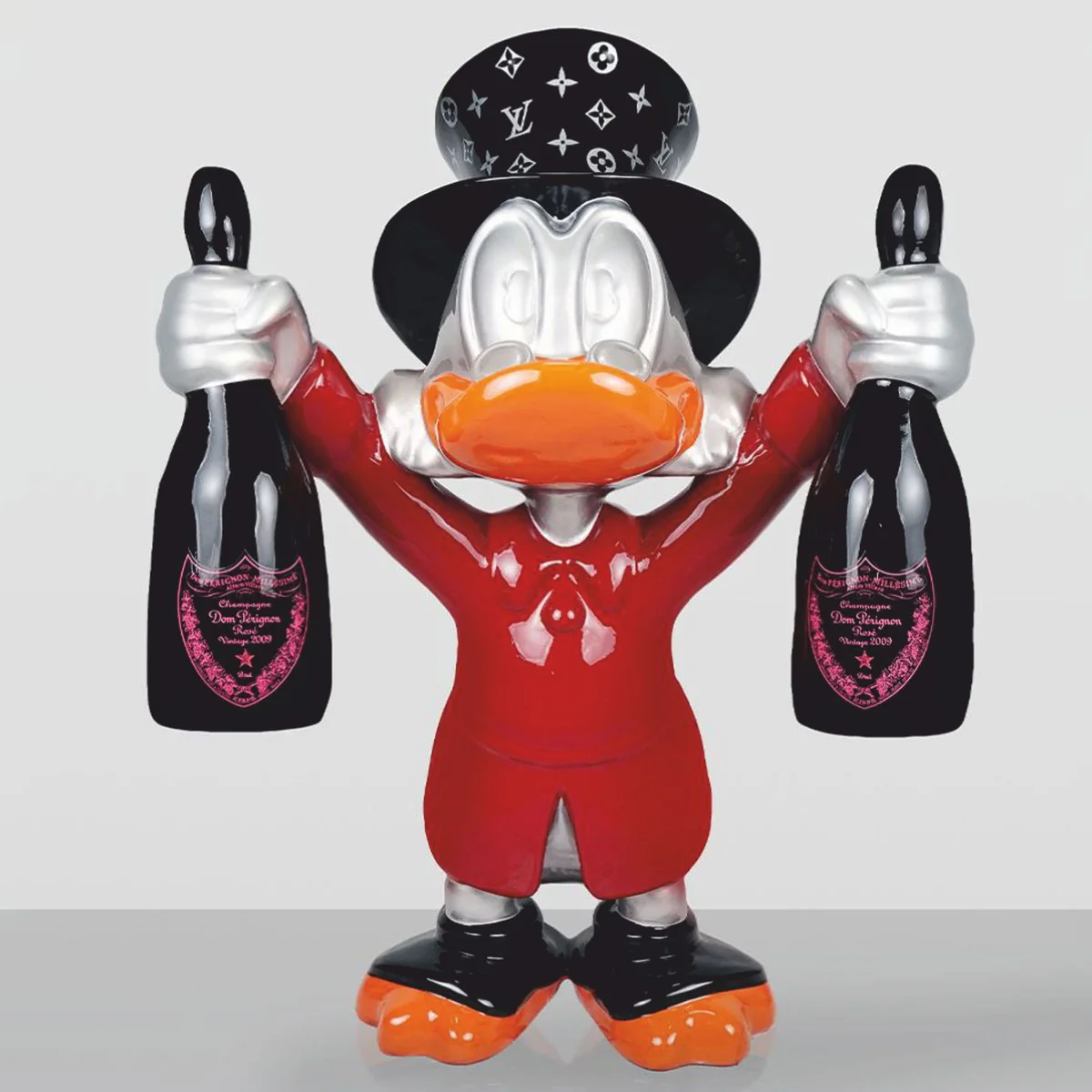 XXL Deko Skulptur Ente Rot / Silber / Schwarz H. 120 cm - Große Deko Figur