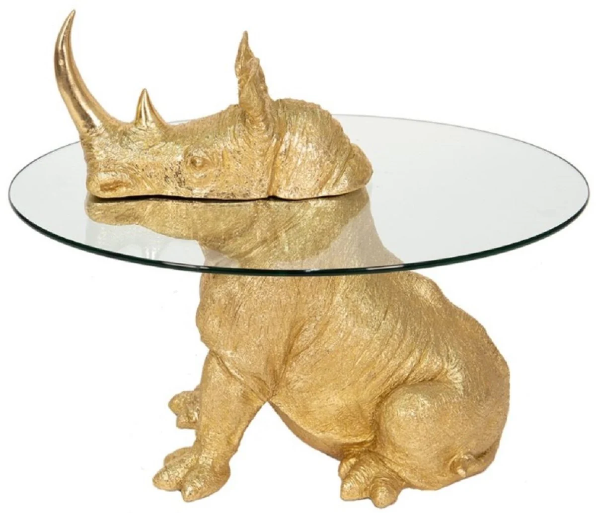 Luxus Beistelltisch Nashorn Gold Ø 65 x H. 55 cm - Runder Kunstharz Tisch mit Glasplatte - Wohnzimmer Möbel - Luxus Möbel - Luxus Einrichtung - Wohnzimmer Einrichtung