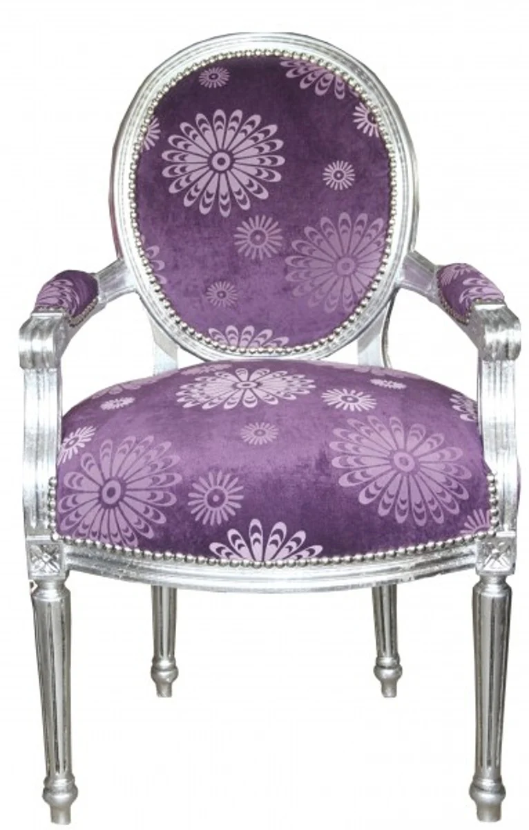 Luxus Barock Salon Stuhl Lila Blumen Muster / Silber Mod2 Rund Möbel