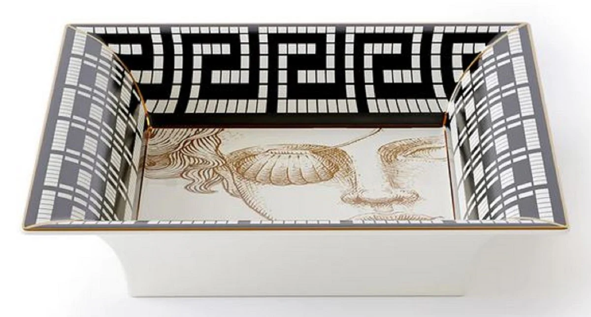 Luxus Deko Schale Frau mit Augenklappe Weiß / Schwarz / Gold 20,5 x 17,5 x H. 13,5 cm - Handbemalte Porzellan Schale - Luxus Qualität - Made in Italy