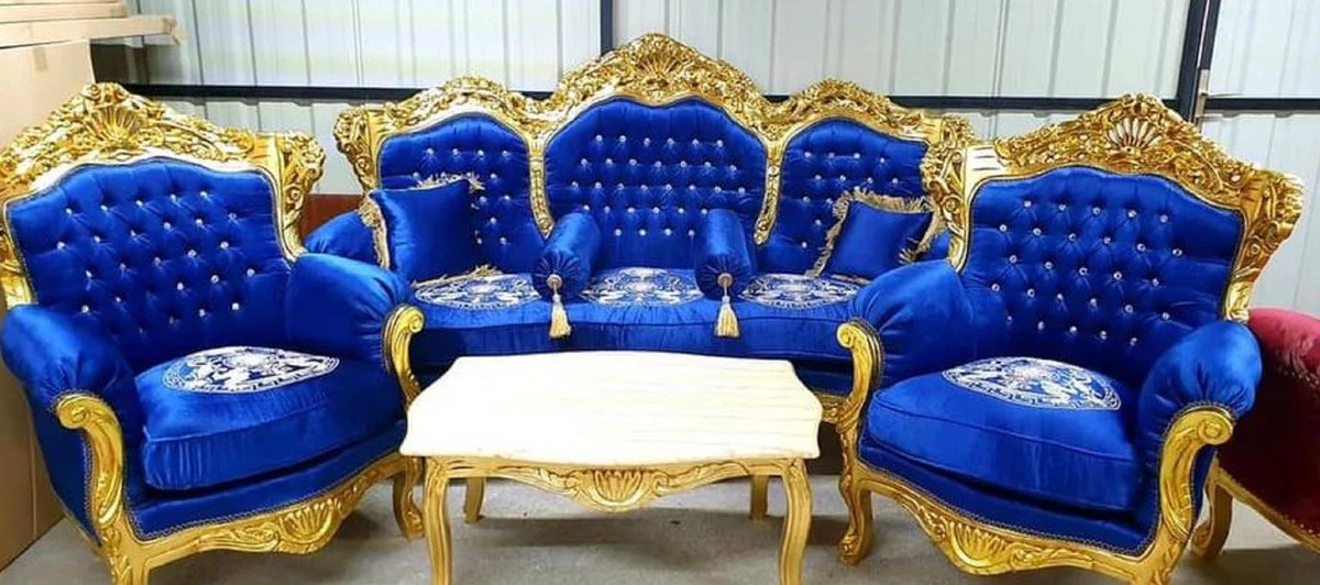 Barock Wohnzimmer Set Blau Muster / Gold - 1 Barock Sofa & 2 Barock Sessel - Wohnzimmer Möbel im Barockstil - Barock Möbel - Barock Wohnzimmer Einrichtung