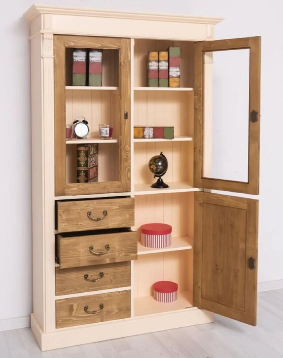 Landhausstil Schrank Creme / Braun 120 x 39 x H. 197 cm - Landhausstil Esszimmer Schrank - Landhausstil Vitrinenschrank - Massivholz Möbel - Landhausstil Möbel