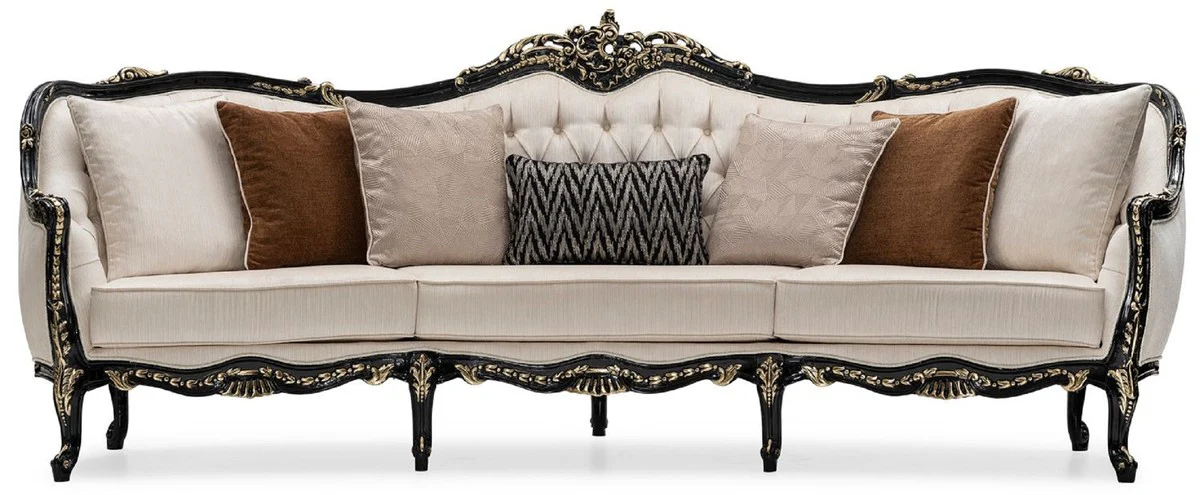Luxus Barock Wohnzimmer Sofa Creme / Schwarz / Gold - Handgefertigtes Barockstil Sofa mit dekorativen Kissen - Luxus Wohnzimmer Möbel im Barockstil - Barock Möbel - Edel & Prunkvoll