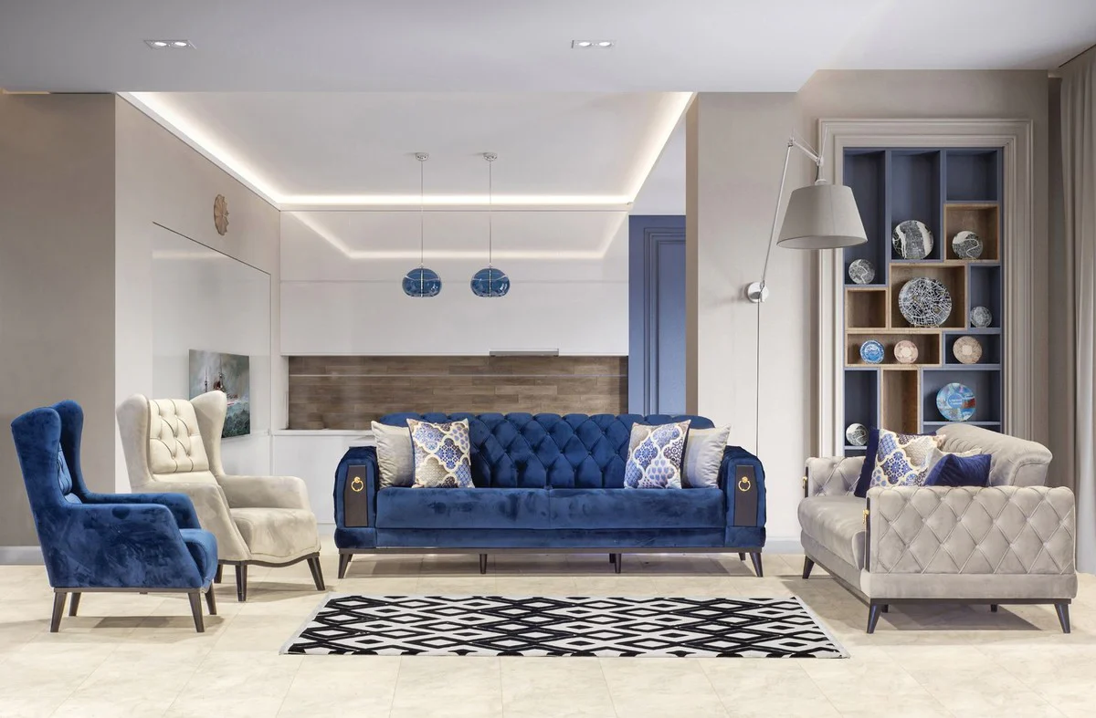 Chesterfield Ohrensessel Blau / Schwarz 80 x 80 x H. 90 cm - Moderner Wohnzimmer Sessel - Chesterfield Möbel - Wohnzimmer Möbel