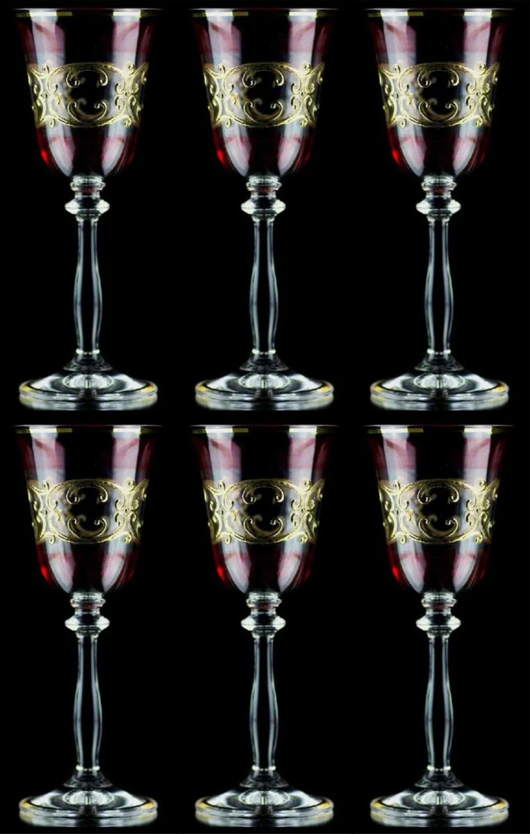 Luxus Barock Likörglas 6er Set Bordeauxrot / Gold Ø 5,5 x H. 17 cm - Handgefertigte und handbemalte Likörgläser - Hotel & Restaurant Accessoires - Luxus Qualität