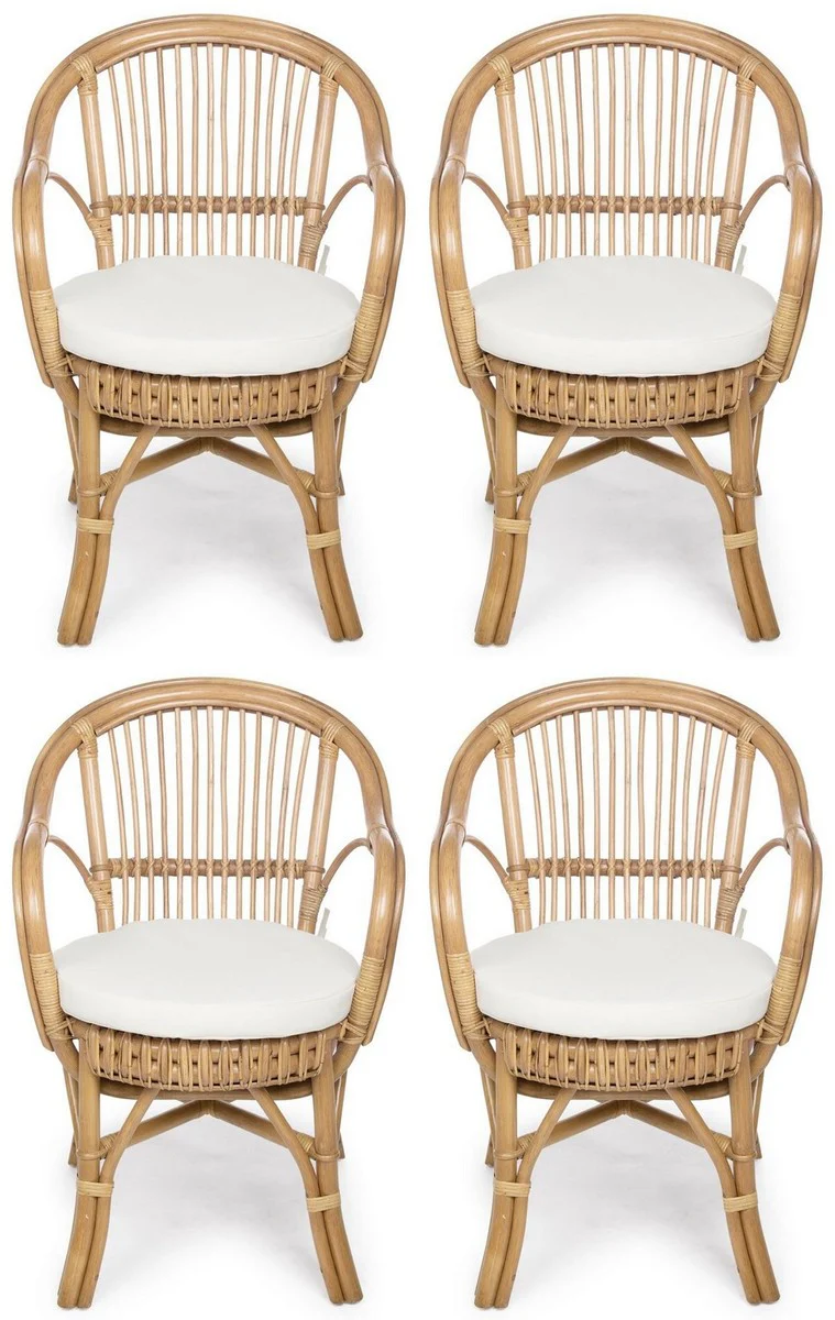 Luxus Gartenstuhl 4er Set Naturfarben / Weiß 57 x 61 x H. 80 cm - Rattan Stühle mit Armlehnen und Sitzkissen - Moderne Rattan Garten & Terrassen Möbel