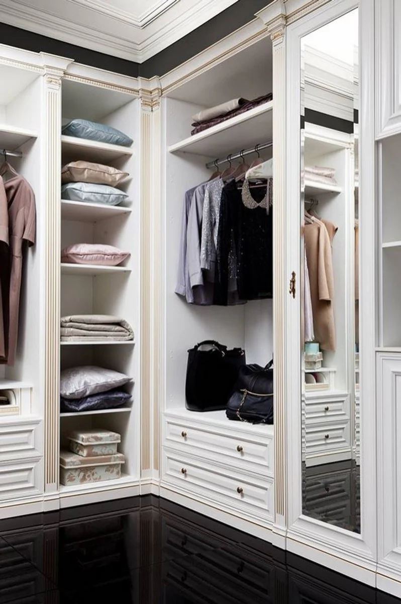 Luxus Barock Kleiderschrank Weiß / Gold - Offener begehbarer Massivholz Kleiderschrank - Edle Schlafzimmer Schrankwand - Hotel Möbel - Schlafzimmer Möbel - Luxus Qualität