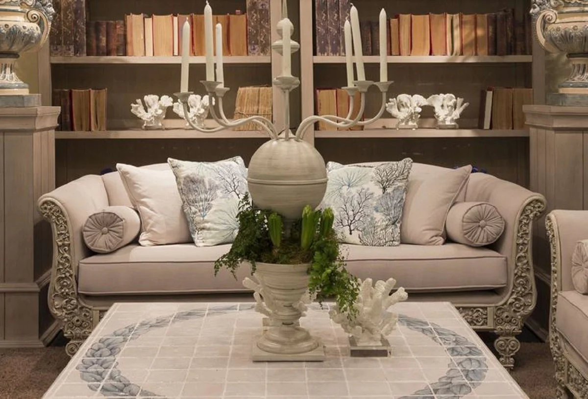 Luxus Barock Sofa Hellgrau / Grau 220 x 100 x H. 80 cm - Handgeschmiedetes Schmiedeeisen Sofa mit Kissen - Wohnzimmer Sofa - Garten Sofa - Terrassen Sofa - Barock Möbel