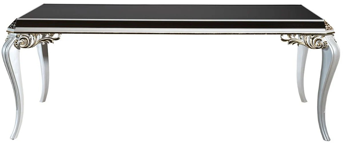 Luxus Barock Esstisch Weiß / Gold / Schwarz 207 x 104 x H. 78 cm - Massivholz Küchentisch mit Glasplatte - Edle Esszimmer Möbel im Barockstil