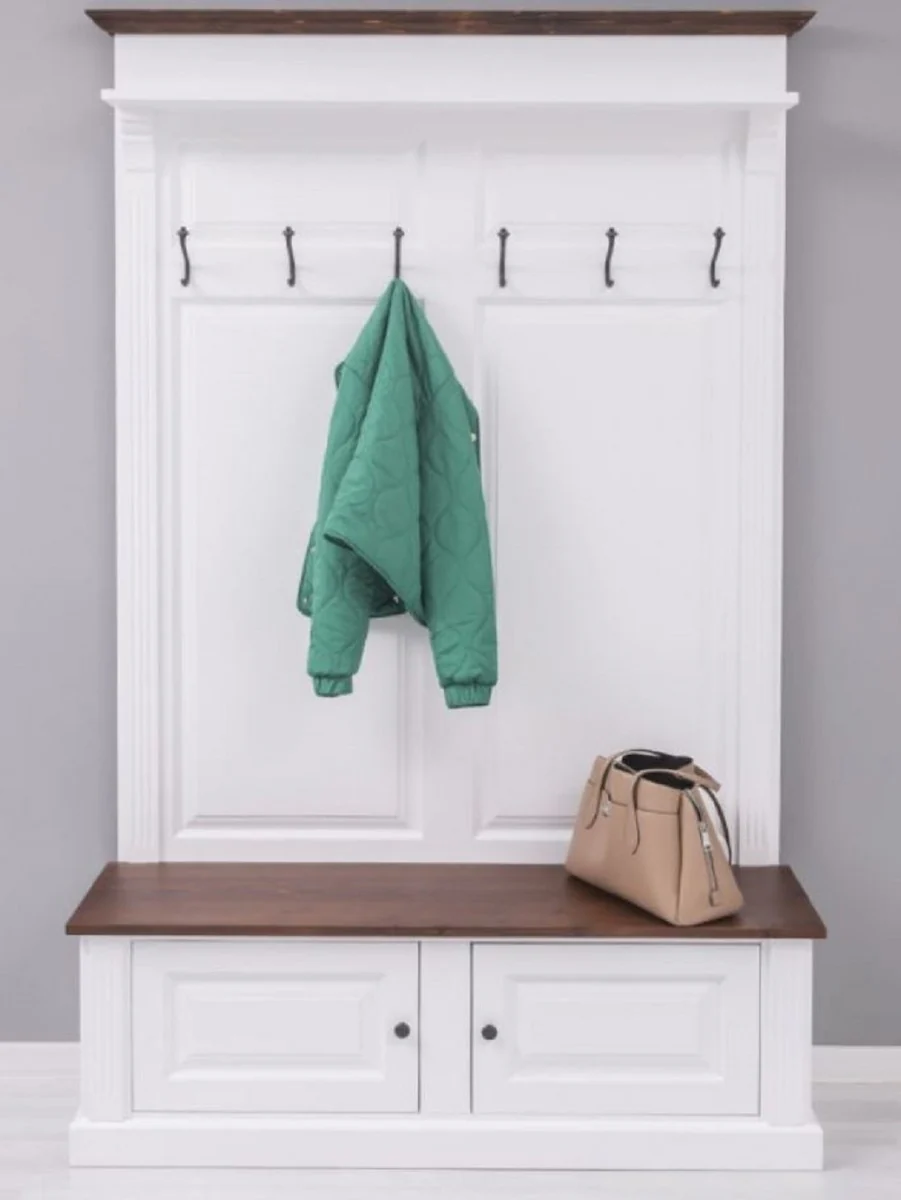 Landhausstil Massivholz Garderobenschrank Weiß / Dunkelbraun 140 x 41 x H. 210 cm - Wand Garderobe - Flur Schrank - Flurmöbel - Garderobenmöbel - Landhausstil Möbel