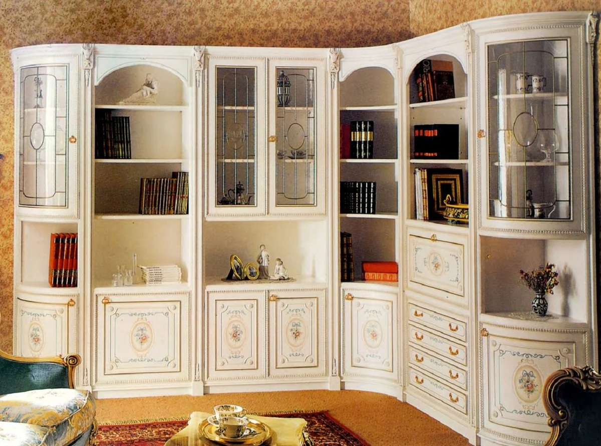 Luxus Barock Eckschrank Weiß / Mehrfarbig / Gold - Barock Massivholz Wohnzimmer Schrank - Barock Wohnzimmer Möbel - Erstklassische Qualität - Made in Italy