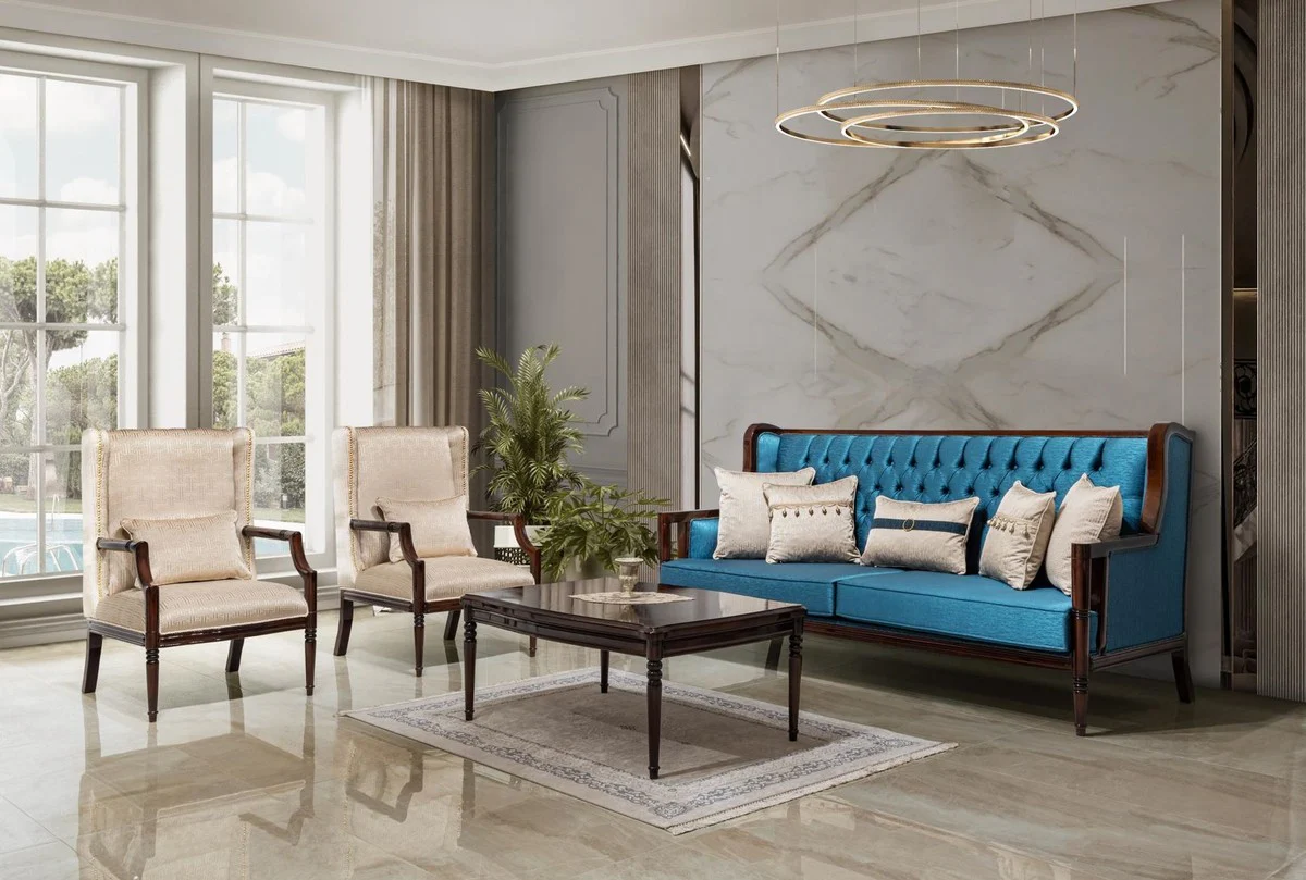 Luxus Barock Sofa Blau / Dunkelbraun 230 cm