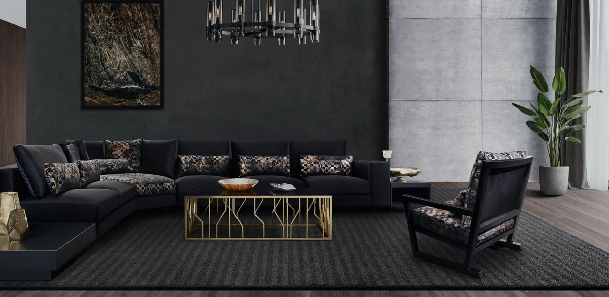 Luxus Couchtisch Gold / Schwarz 125 x 65 x H. 43 cm - Rechteckiger Edelstahl Wohnzimmertisch mit Glasplatte - Wohnzimmer Möbel - Luxus Qualität