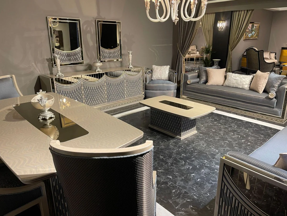 Luxus Art Deco Wohnzimmer Set Hellblau / Silber / Creme - 2 Art Deco Sofas & 2 Art Deco Sessel & 1 Art Deco Couchtisch - Wohnzimmer Möbel - Art Deco Möbel - Luxus Möbel