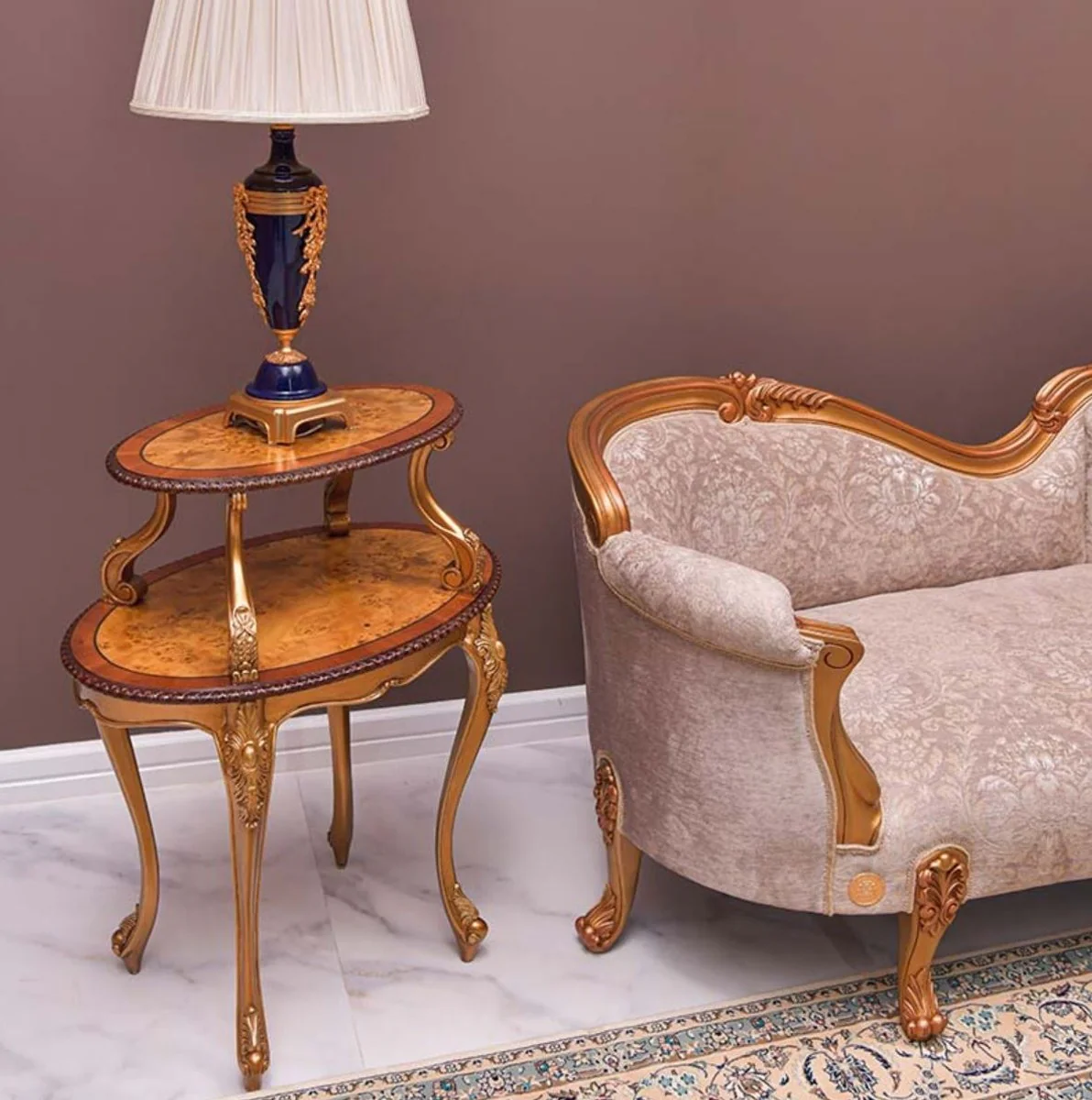 Luxus Barock Beistelltisch Braun / Naturfarben / Gold - Barock Möbel - Made in Italy