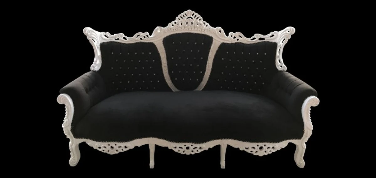 Barock 3-er Sofa Master Schwarz / Weiß mit Bling Bling Glitzersteinen - Wohnzimmer Möbel Couch Lounge - Limited Edition