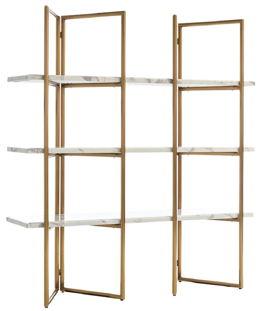Luxus Regalschrank Gold / Weiß 165 x 46,5 x H. 185 cm - Edelstahl Schrank mit 3 Kunstmarmor Regalplatten - Wohnzimmerschrank - Bücherschrank - Wohnzimmer Möbel