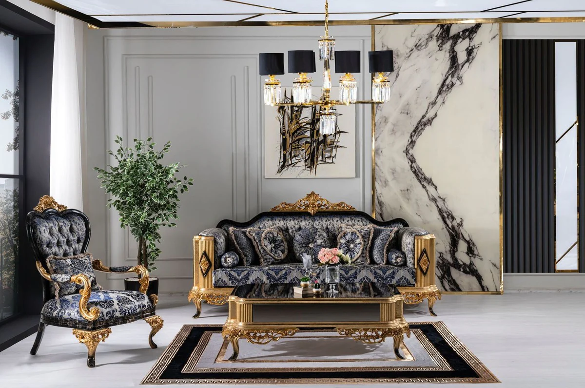 Luxus Barock Couchtisch Schwarz / Gold - Massivholz Wohnzimmertisch im Barockstil - Barockstil Wohnzimmer Möbel - Barock Möbel - Barock Einrichtung - Luxus Möbel im Barockstil