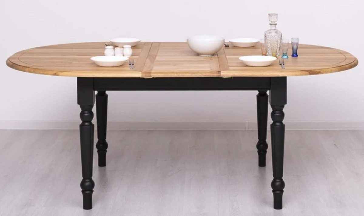 Landhausstil Esstisch Naturfarben / Schwarz 160-200 x 120 x H. 78 cm - Ovaler ausziehbarer massivholz Küchentisch mit Eichenholz Tischplatte - Esszimmer Möbel im Landhausstil